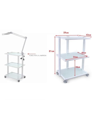 Weelko Carrello in metallo 3 ripiani in vetro traslucido per estetitista centro estetico