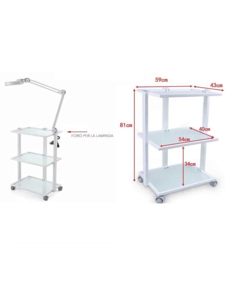 Weelko Carrello in metallo 3 ripiani in vetro traslucido per estetitista centro estetico
